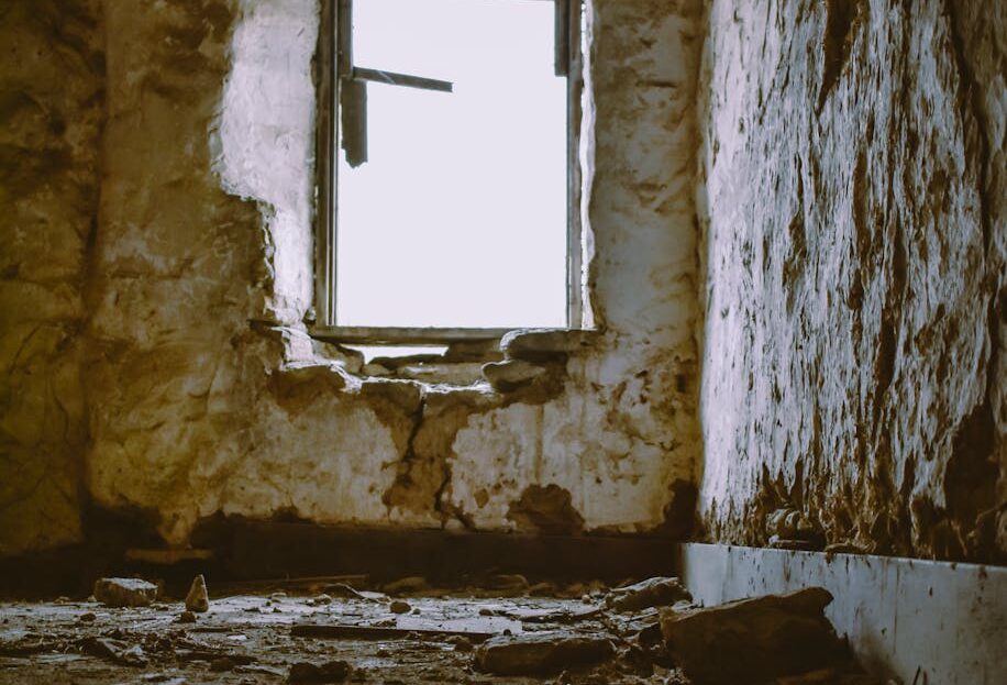 a broken wooden window frame